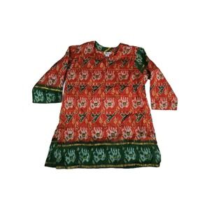 Henna Indian 100% Silk Women's Size Small Red Green Gold‎ Boho Hippie Top New